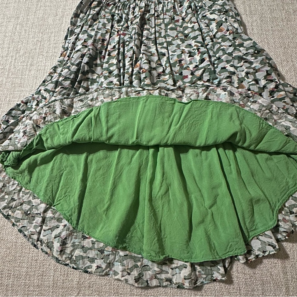 KORI Green Multi Color V-Neck Hi-Li Dress Lined Fringe Lace Flutter Boho Wmn S - Picture 6 of 14